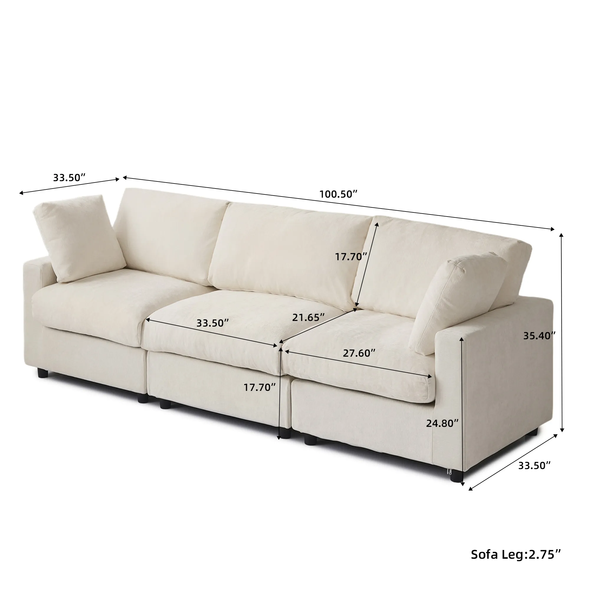 Sky Modular Track Arm Sectional Cloud Sofa 3 Seater Size