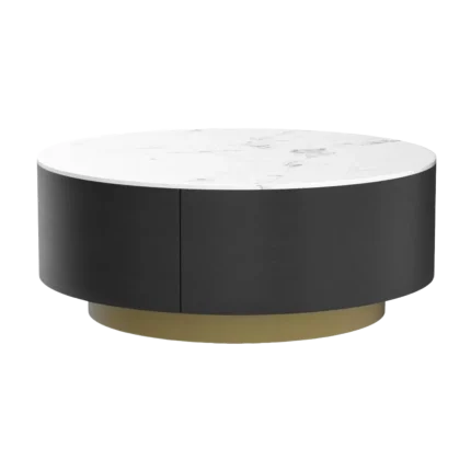 Round Coffee Table Faux Marble, Mid Century Modern Coffee Table With 2 Drawers, Center Table For Living Room, Office, White and Black