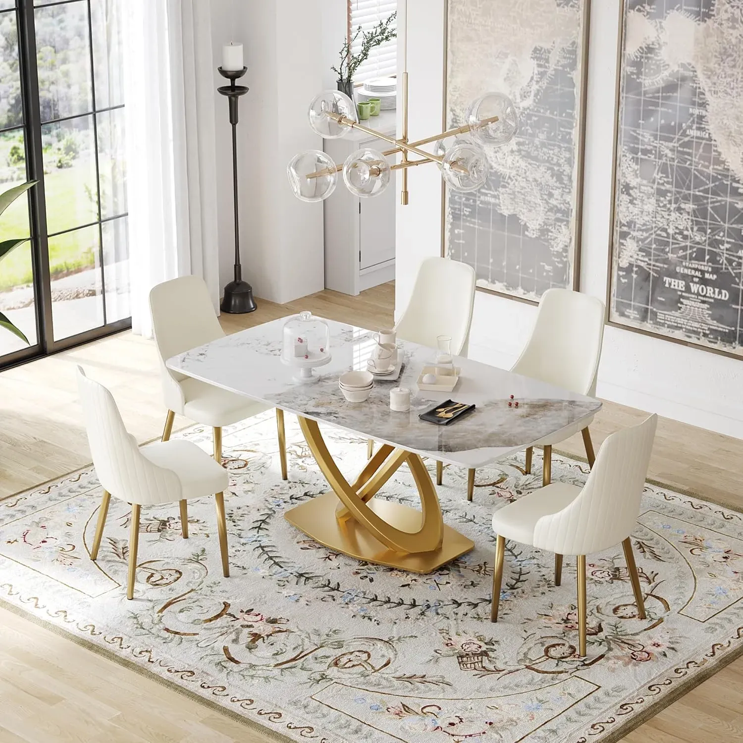 70" Rectangular Antique White with Luxe Gold Base for 8