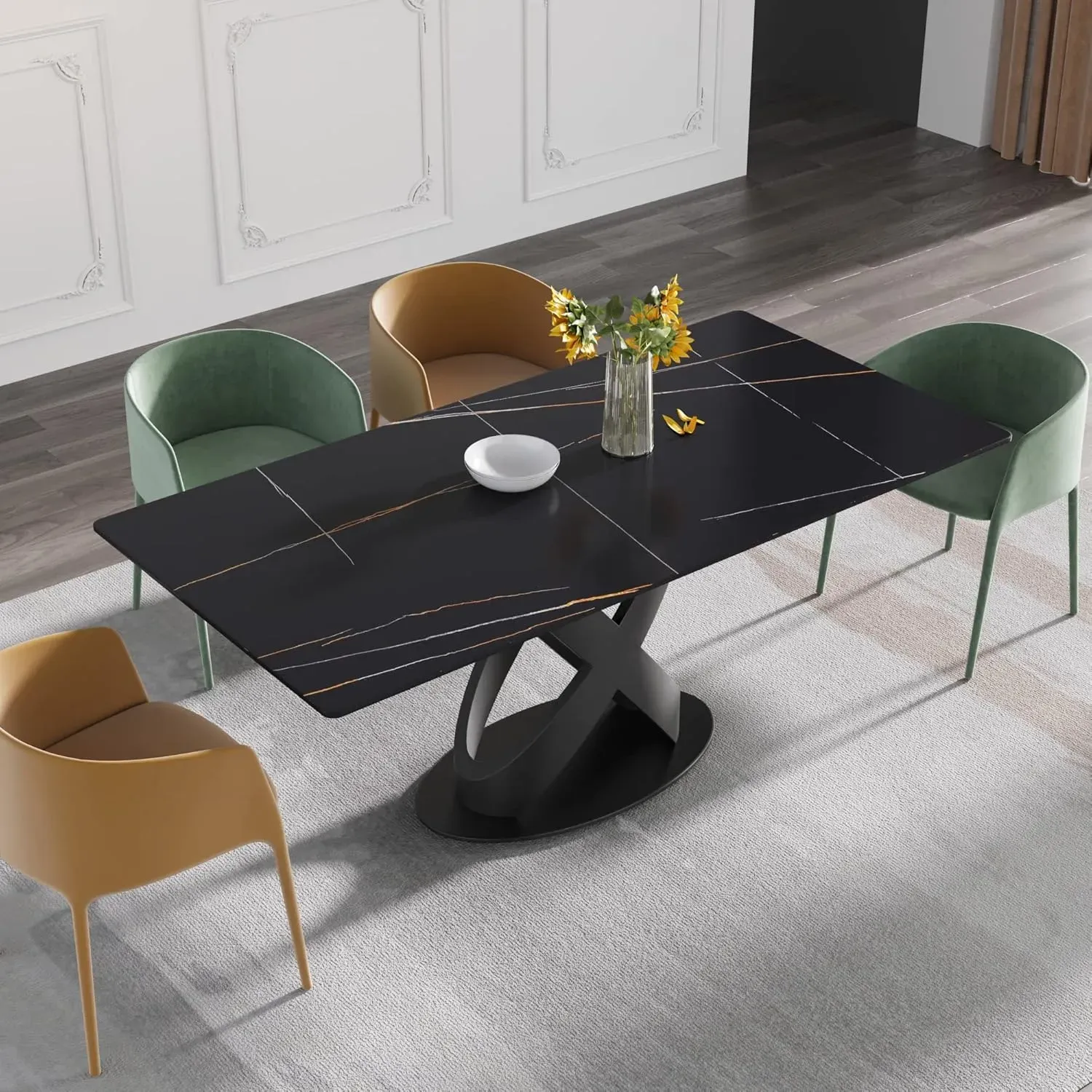 70" Rectangular Black with Velvet Black Base for 6