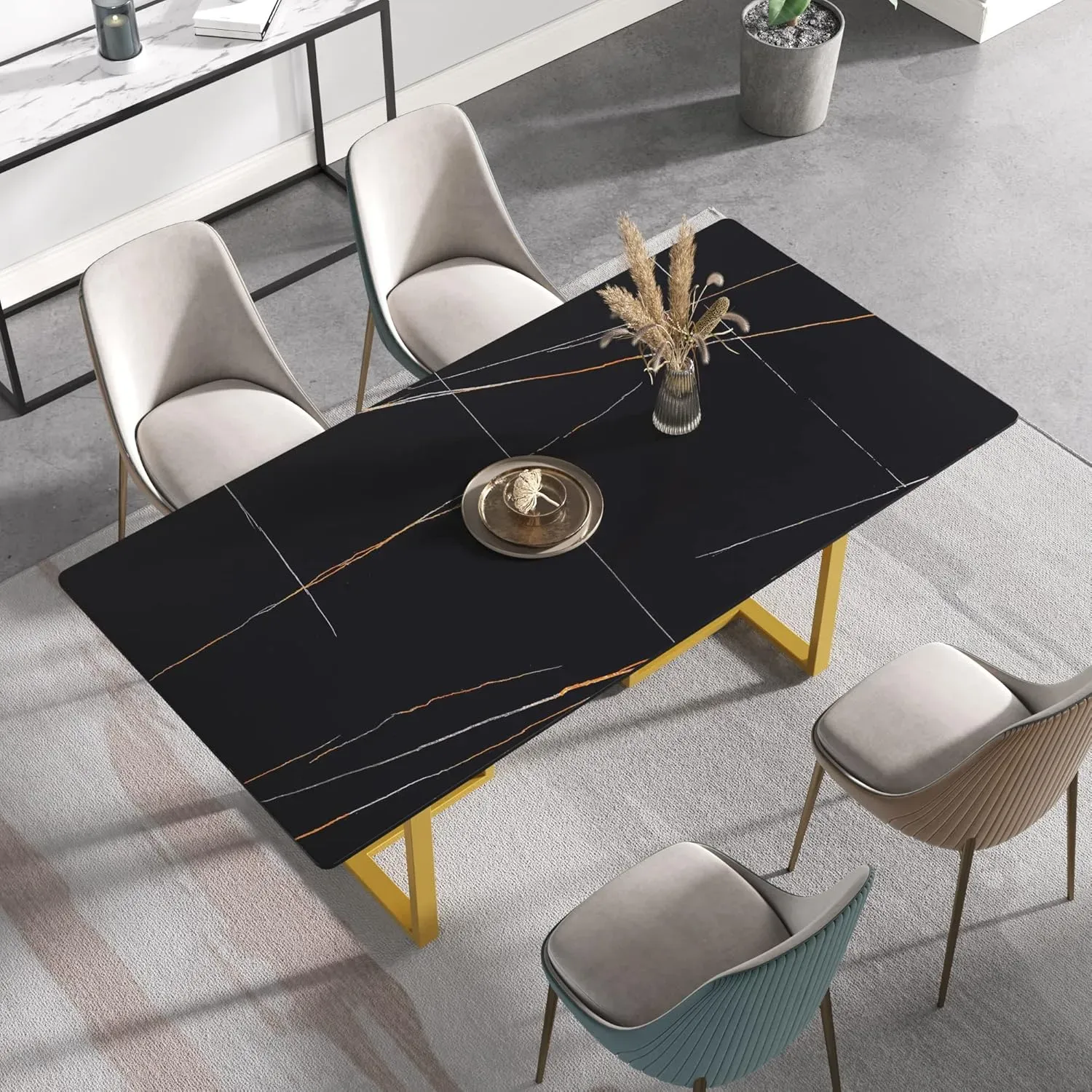 70" Rectangular Black with Satin Gold Base for 6