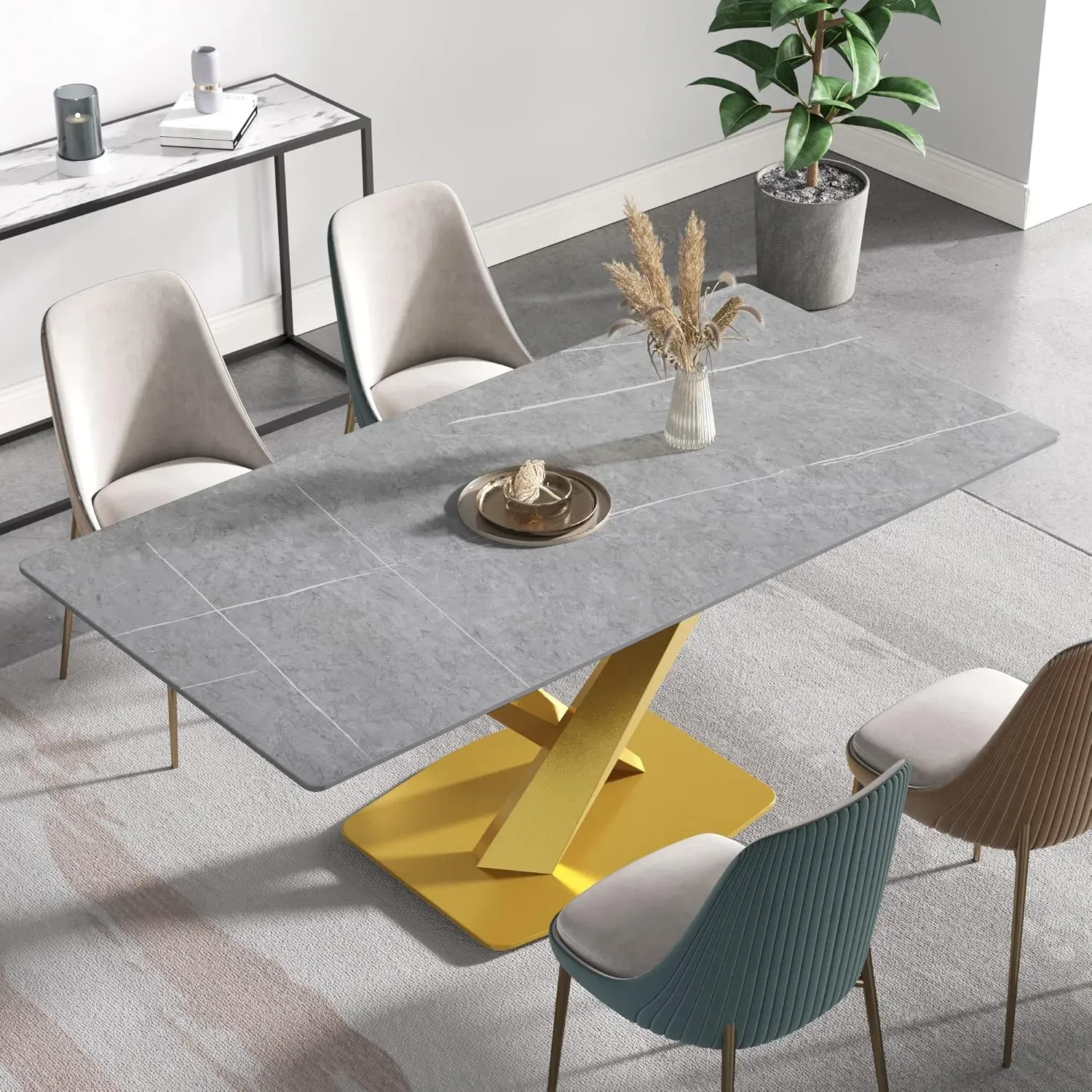 70" Rectangular Grey with Classic Gold Base for 6