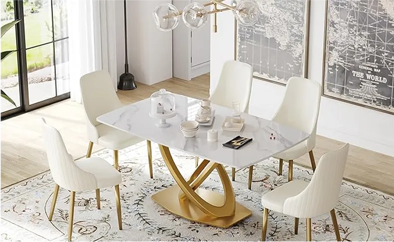 Art Deco Dining Room with Gold Pedestal Dining Table and Brass Chandeliers