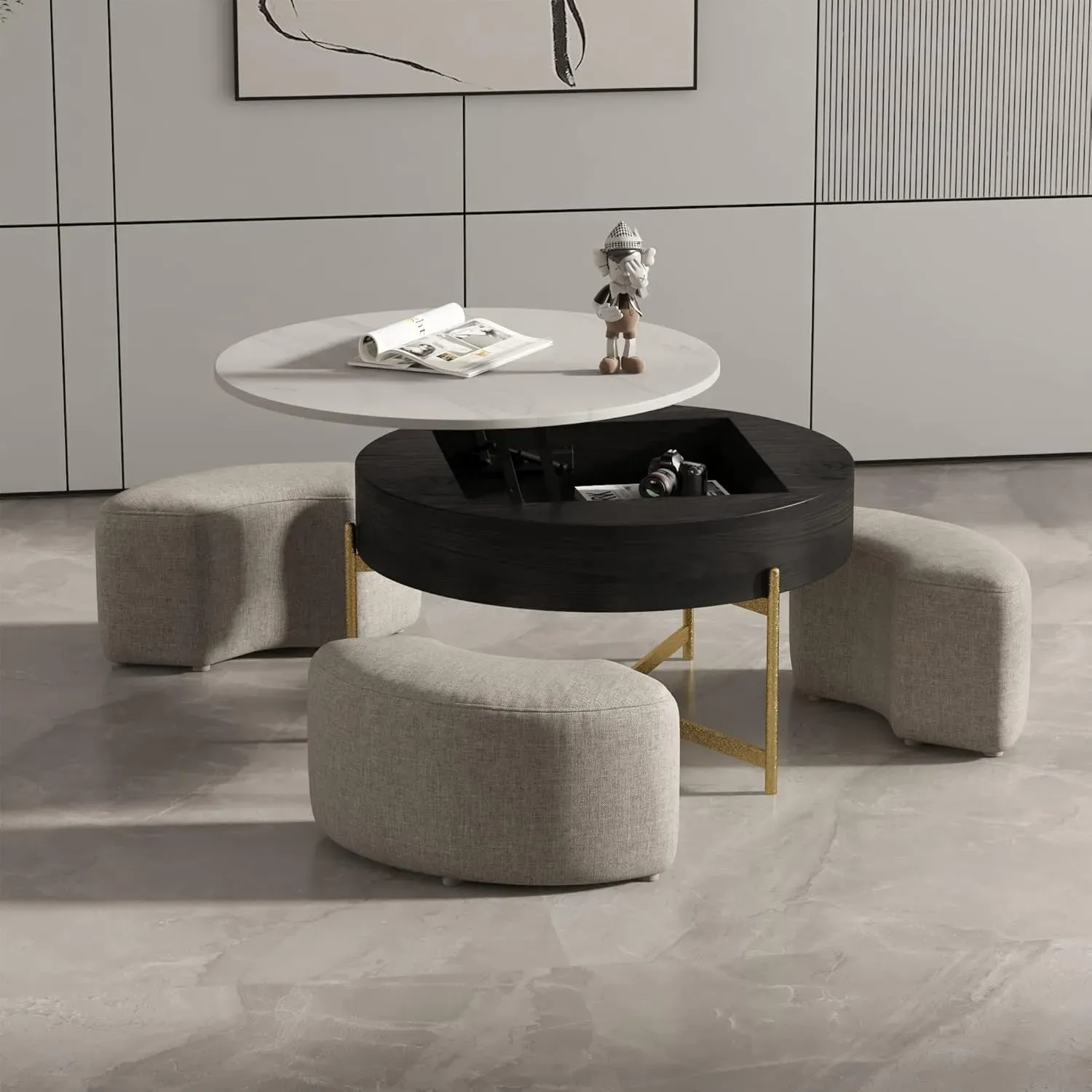 http://Lift%20Top%20Round%20Coffee%20Table%20With%20Stools,%20Black%20Table%20With%20Hidden%20Storage%20Compartment,%20Nesting%20Coffee%20Table%20Set%20For%20Living%20Room,%20Home,%20Office%204