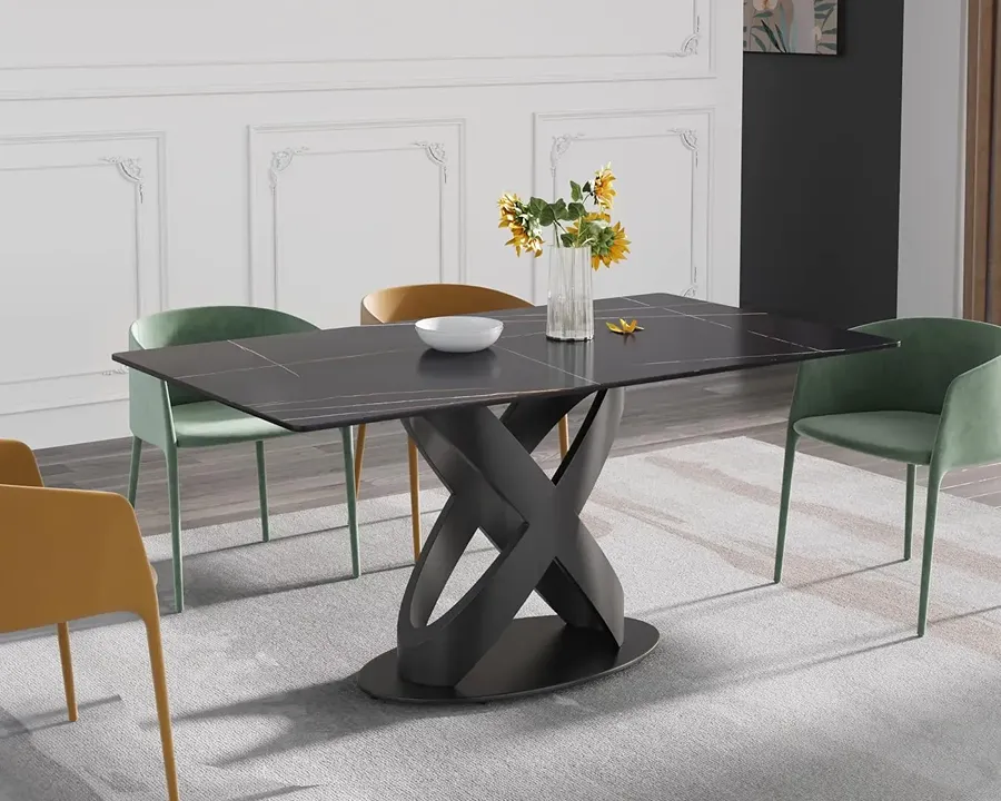 Modern sintered stone dining table with durable surface and elegant steel base design for contemporary homes