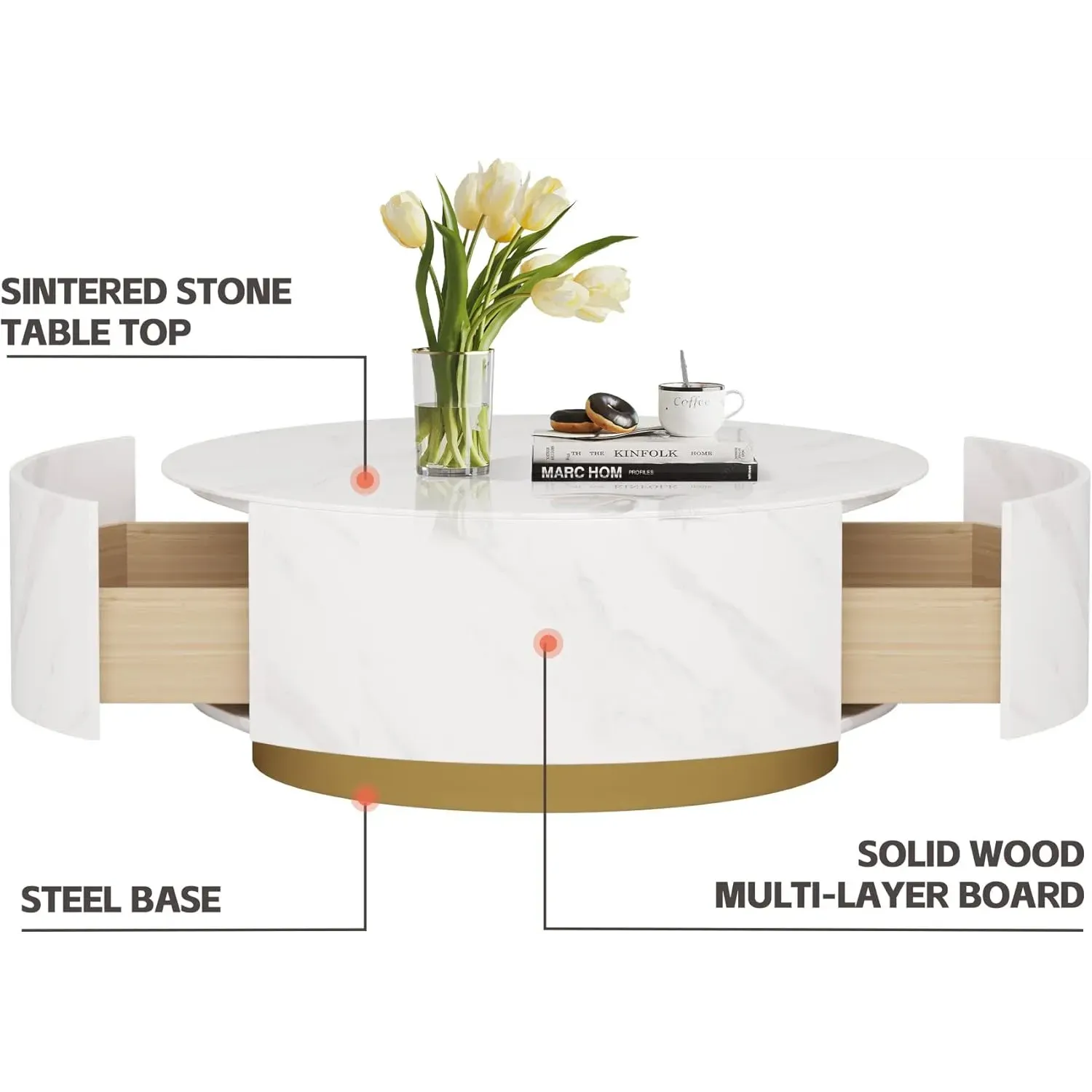 http://Modern%20Round%20Coffee%20Table%20With%202%20Drawers,%20Sintered%20Stone%20Tabletop%20And%20Golden%20Base,%20Center%20Table%20For%20Living%20Room,%20Fully%20Assembled,%20White%20End%20Table%2033.4%205