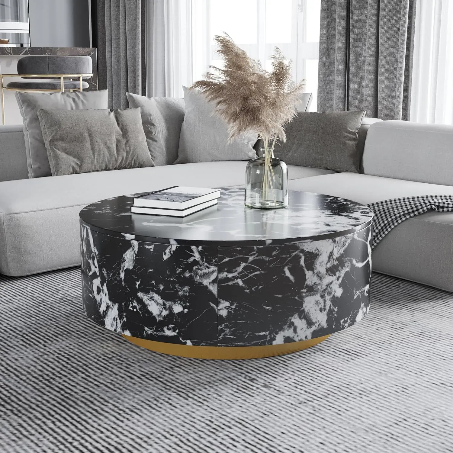 Marble Top 33" Round Black + White with Dusk Gold Base
