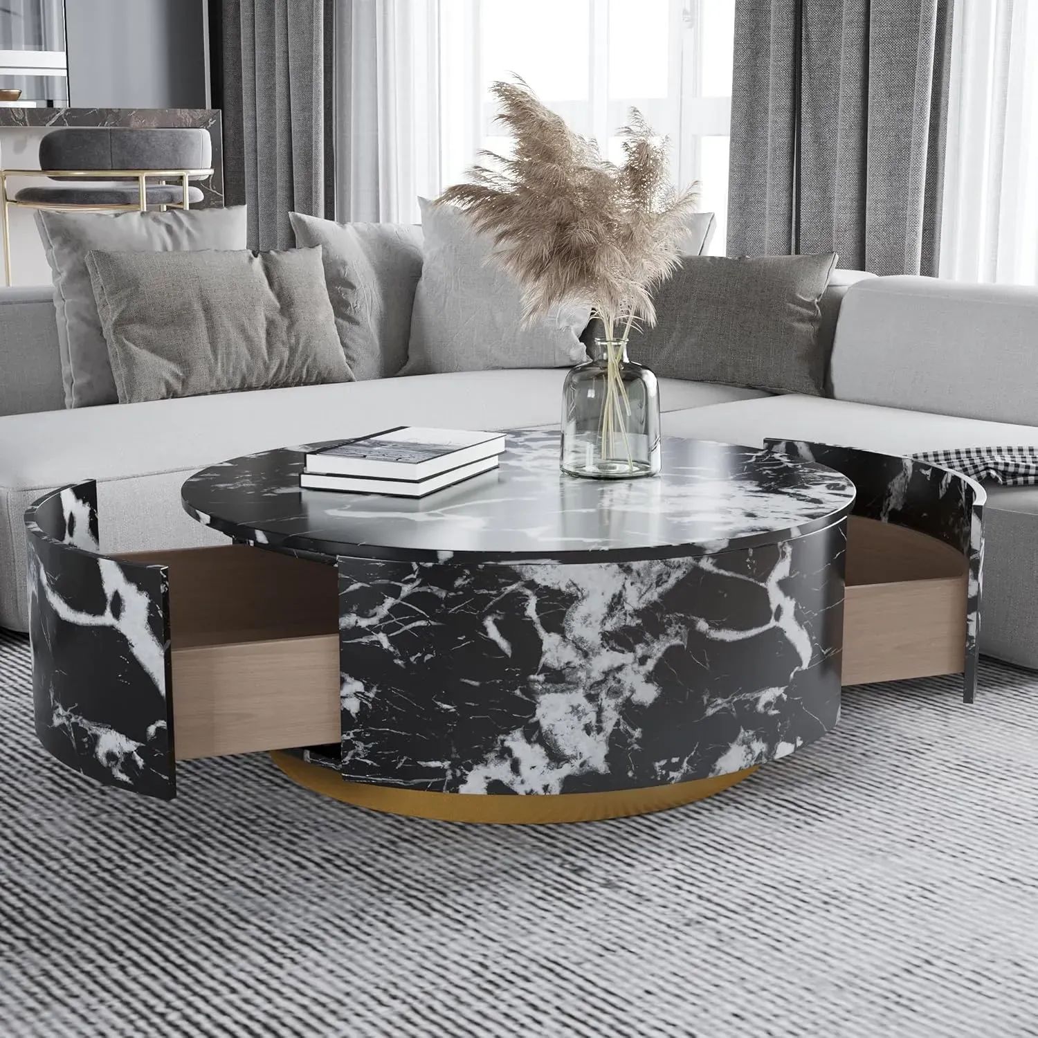 http://Round%20Coffee%20Table%20Faux%20Marble,%2033.4%20Mid%20Century%20Modern%20Coffee%20Table%20With%202%20Drawers,%20Center%20Table%20For%20Living%20Room,%20Office,%20Black%20+%20White%202