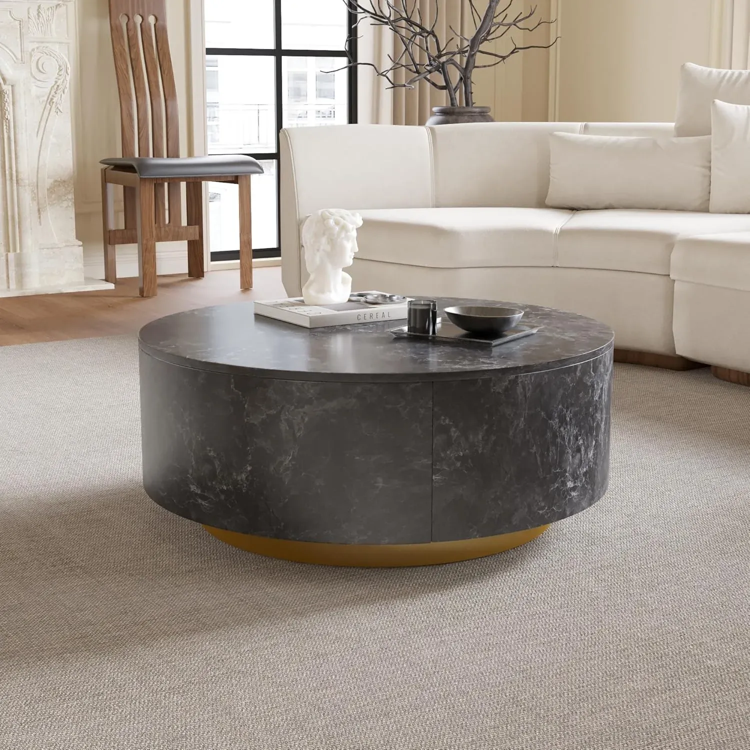 http://Round%20Coffee%20Table%20Faux%20Marble,%2033.4%20Mid%20Century%20Modern%20Coffee%20Table%20With%202%20Drawers,%20Center%20Table%20For%20Living%20Room,%20Office,%20Grey%205