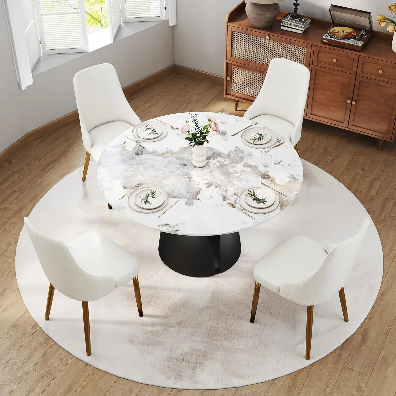 53" Round Antique White with Matte Black Base for 4-6