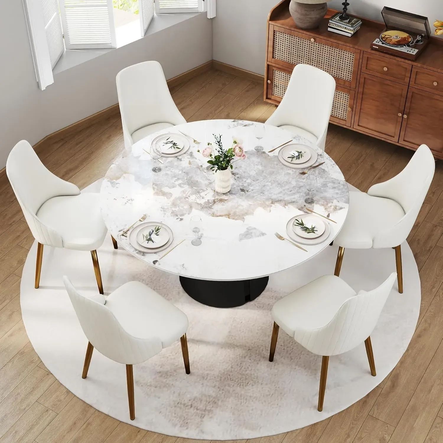 59" Round Antique White with Matte Black Base for 6-8