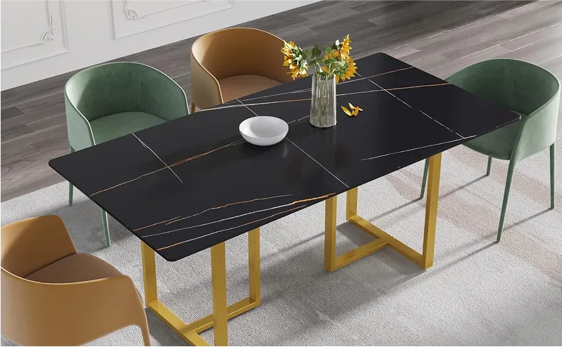 Trani Rectangular Dining Table styled in contemporary dining area with coordinated furniture