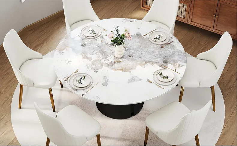 Modern Minimalist Slate Dining Table with White Stone Top Floating Above Dark Hardwood Floors