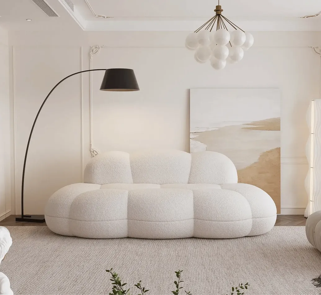 Bubble Curve Boneless Sherpa Fleece Sofa – Comfy Loveseat Couch Deep Seat Lounge Sofa