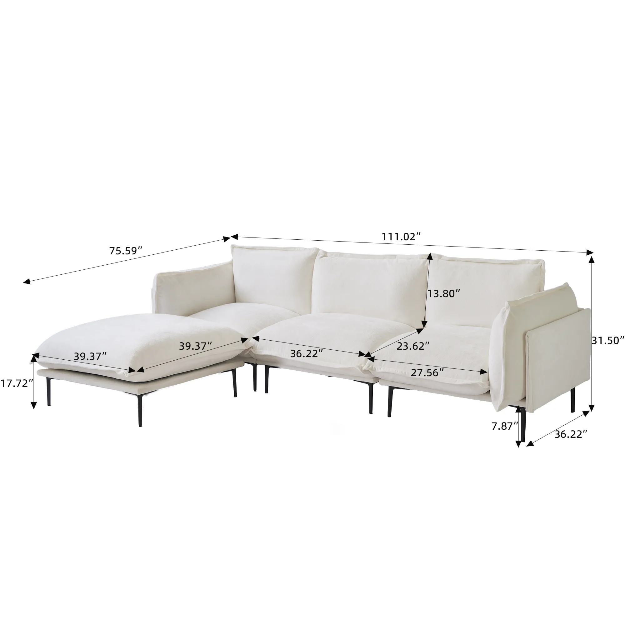 Size Of 3 Seater L Shaped 143 Modular Sofa