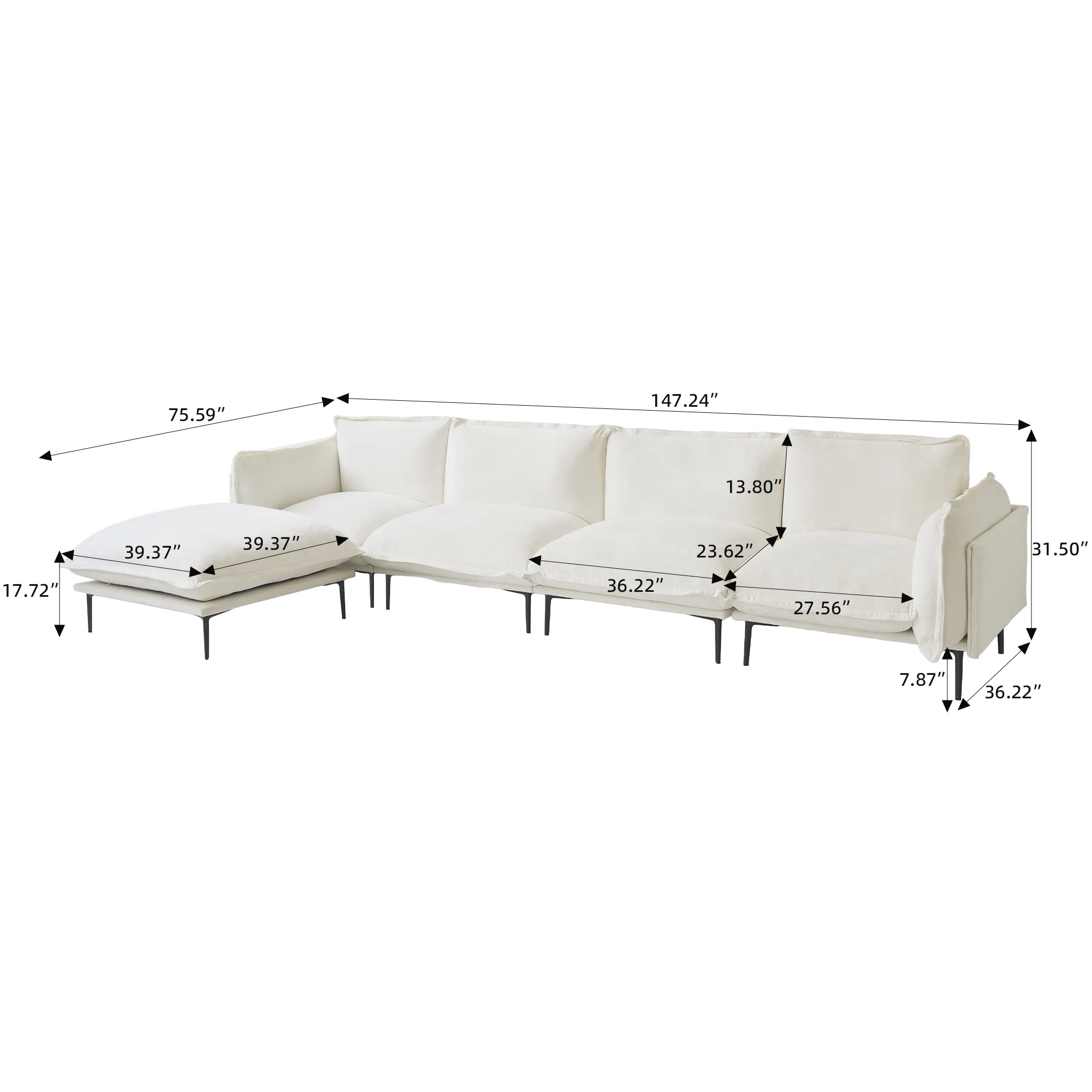 Size Of 4 Seater L Shaped 143 Modular Sofa