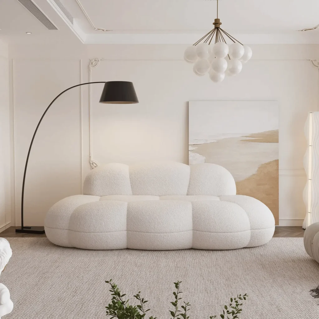 Bubble Curve Boneless Sherpa Fleece Sofa Comfy Loveseat Couch Deep Seat Lounge Sofa